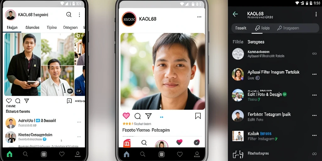Tampilan antarmuka aplikasi KAOL68 dengan berbagai pilihan filter Instagram.